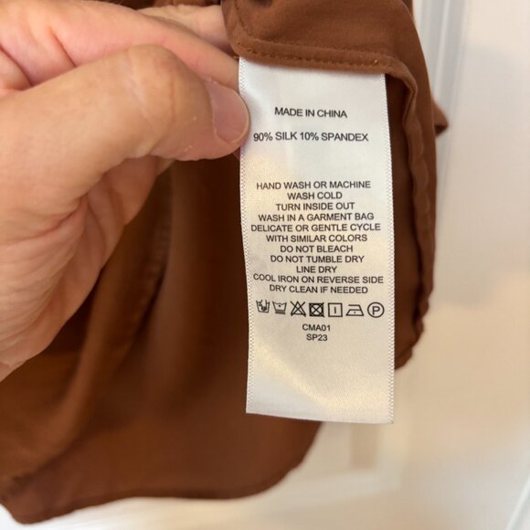 Quince Stretch Silk Short Sleeve Blouse Brown Size L 90% Silk - Picture 3 of 7